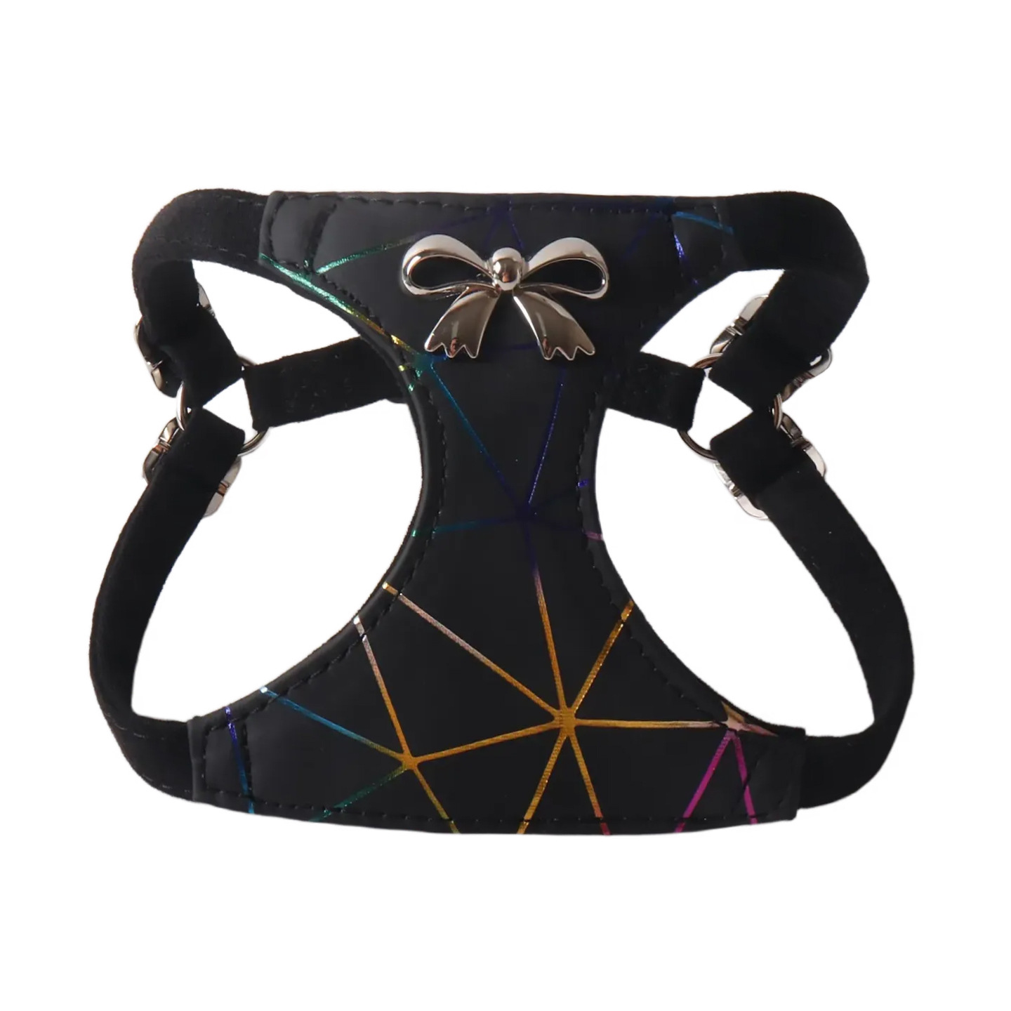 Matte PU Luxury Pet Harness and Leather Set with Rainbow Metal Pattern and Bow Details - Adjustable Walking Vest for Small Medium Dogs B158