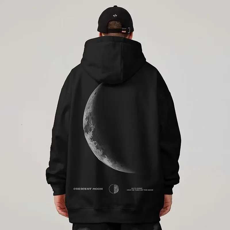 M8XL Men Oversized Pullover Hoodie Fashionable Loose American Retro Crescent Print Long Sleeved Couple Outfit W251027