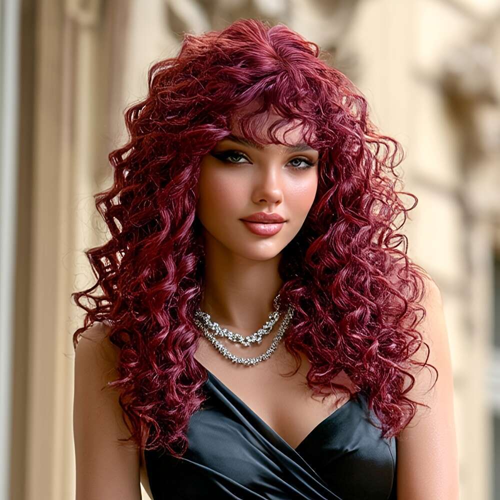 7Jhh WIGS Long Deep With Bangs Heat Resistant Synthetic Hair, Natural Look & Full Body Coverage, Women Perfect For Halloween, Parties, Everyday - Bury