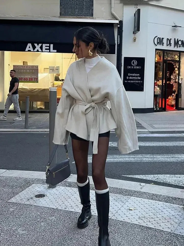 Womens Long Sleeve Reversible Tweed Jacket n Bow Belt Trimmed VNeck Coat Autumn Winter Tops 251027