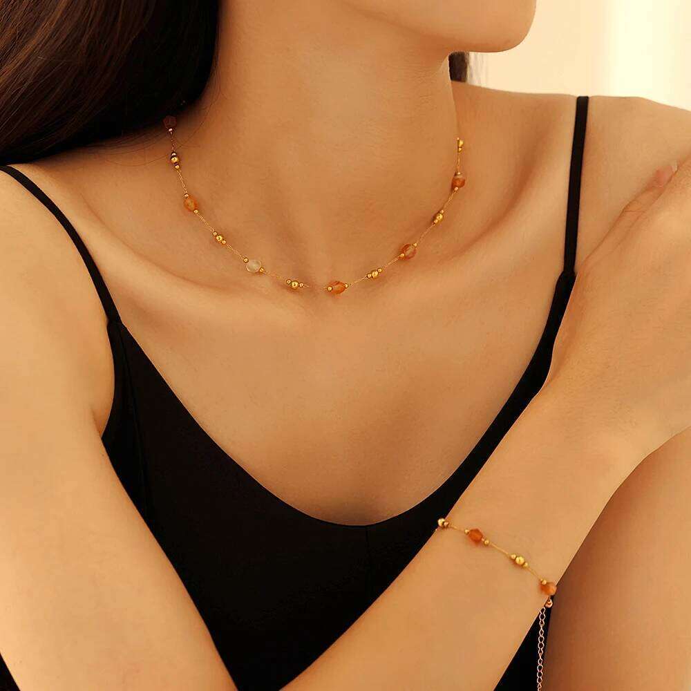 Gorgeous Orange Beige Necklace Bracelet Women Set Stainless Steel Nature Stones Beaded Pendant Female Necklaces Jewelry