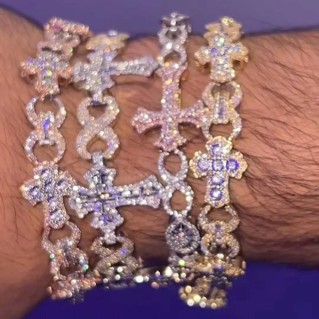 New Fashion Women Men Cross Number 8 Full Bling Paved Hip Hop Bracelet TwoStone Setting Cuban Chain Jewelry