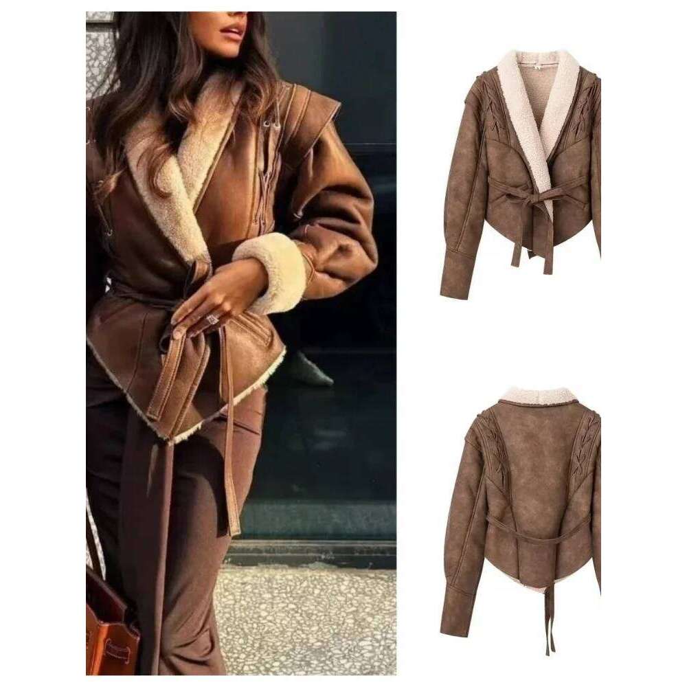 Leather Women's With Belt Fur Coat Streetwear Fashion Solid Outwear Woman Elegant Jackets Chaqueta De Cuero Para Mujer