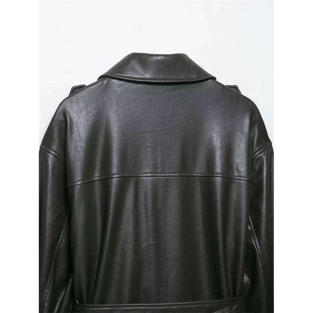 Women's New Fall 2025 Dark Green Long-Sleeved Faux Leather Jacket Pocket Decoration With Belt Casual Personality Mot