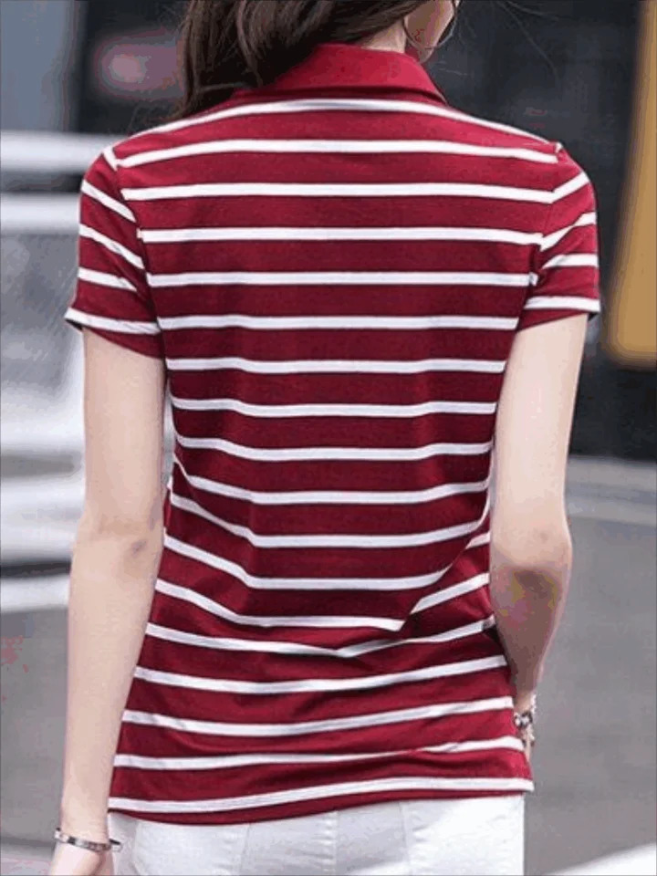 Striped Print Turn Down Collar TshirtRegular Fit Casual Short Sleeve Pullover Tshirt For Spring Fall Womens Clothing 251027