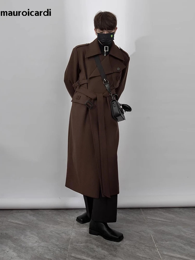 Mauroicardi Autumn Winter Cool Elegant Long Warm Black Woolen Trench Coat Men Belt Clothes Wool Blends Overcoat 251020