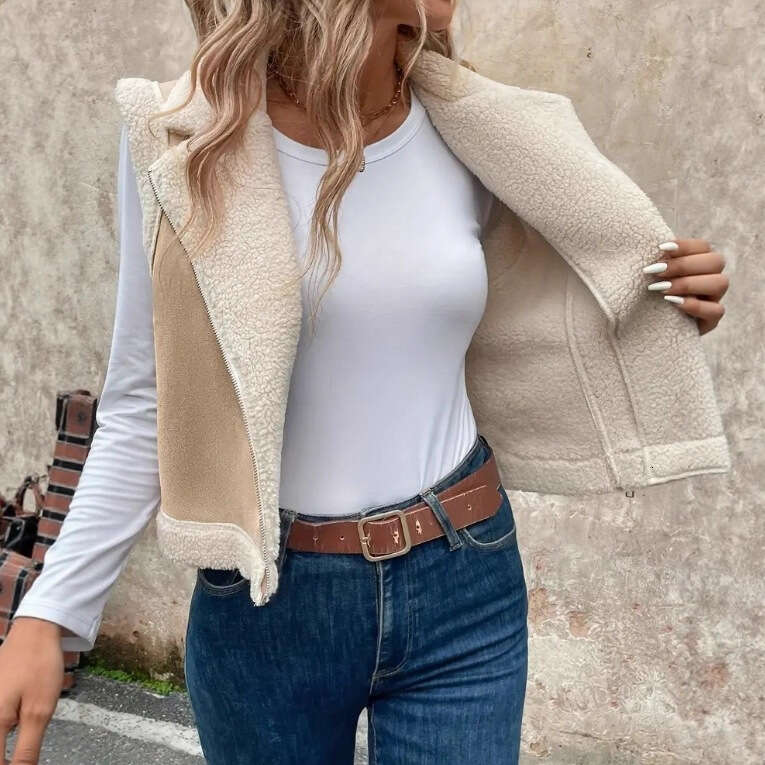 Women's Autumn Winter Short Loose Casual Sleeveless Fur-Lined Faux Wool Vest Jacket For Women 1fb3