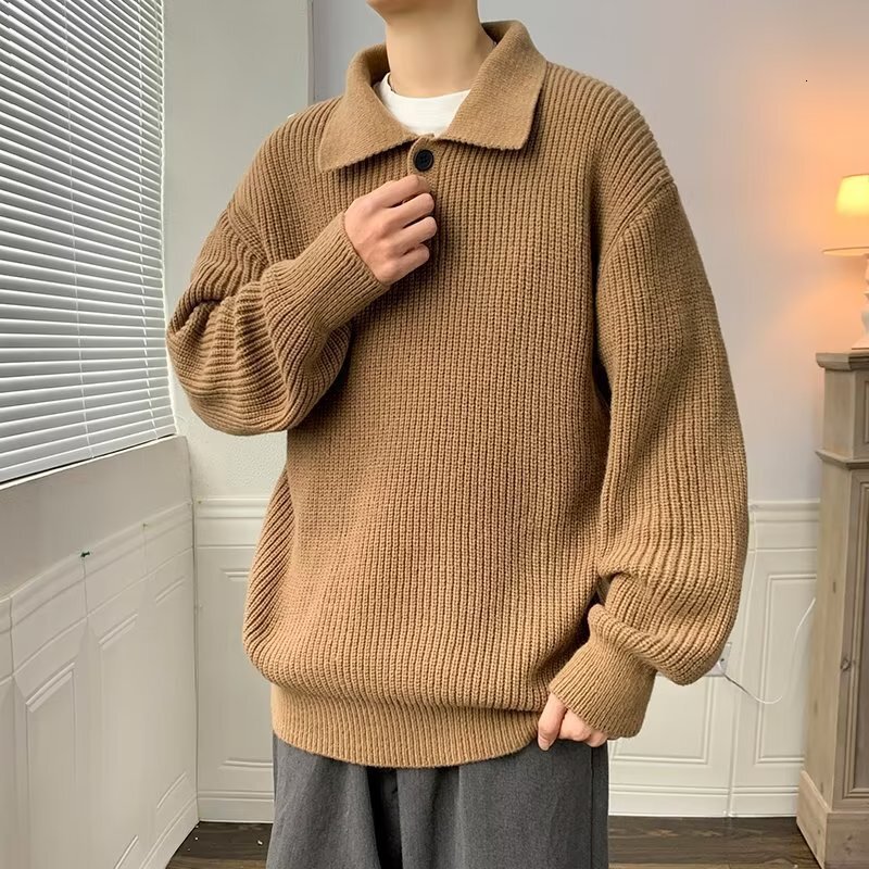 Lazy Style Polo Collar Sweater For Designer Sweater Men American Style Coffee Color High-end Oversize Knitted Innerwear