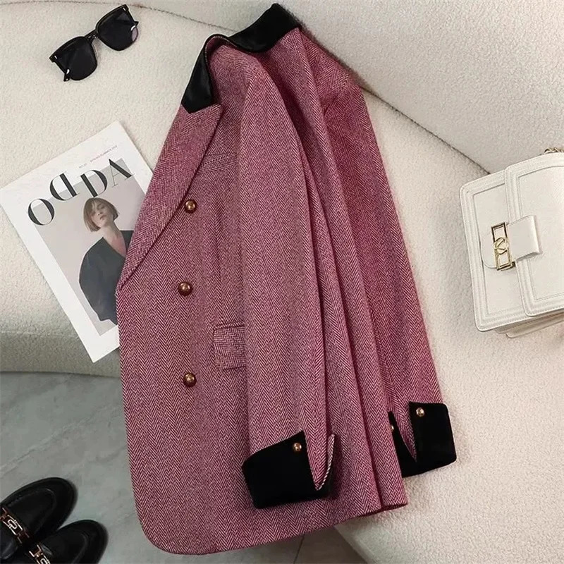 Womens Office Woolen Suit Jacket for women Autumn Winter Chic gray Herringbone pattern Female Thick Casual Coat 251027