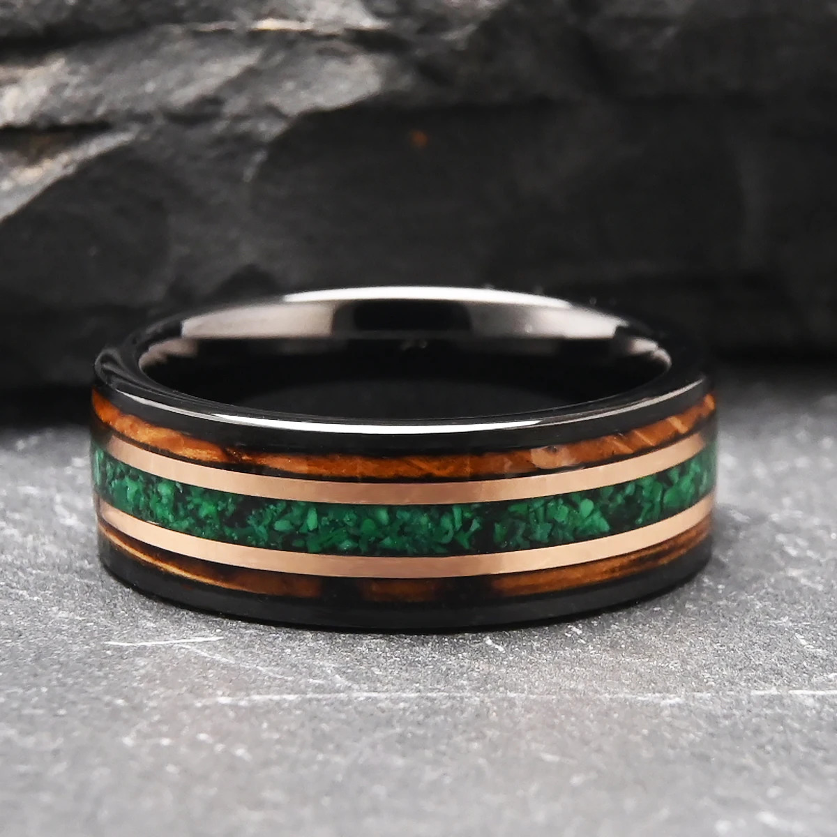 8mm Mens Tungsten Carbide Ring Inlaid Whiskey Barrel Wood and Green Opal Beautiful Wedding Ring Gift for Loved Ones 251023