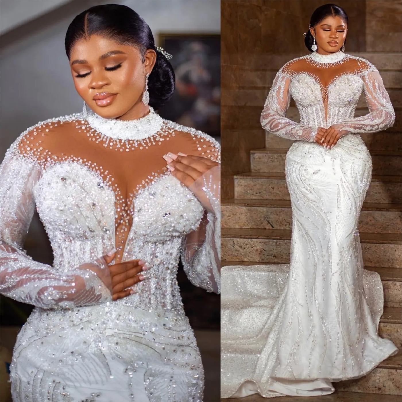 Arabic Aso Ebi Plus Size Ivory Mermaid Wedding Dresses with Beaded Crystals and Sequined Lace Bridal Gowns Dress
