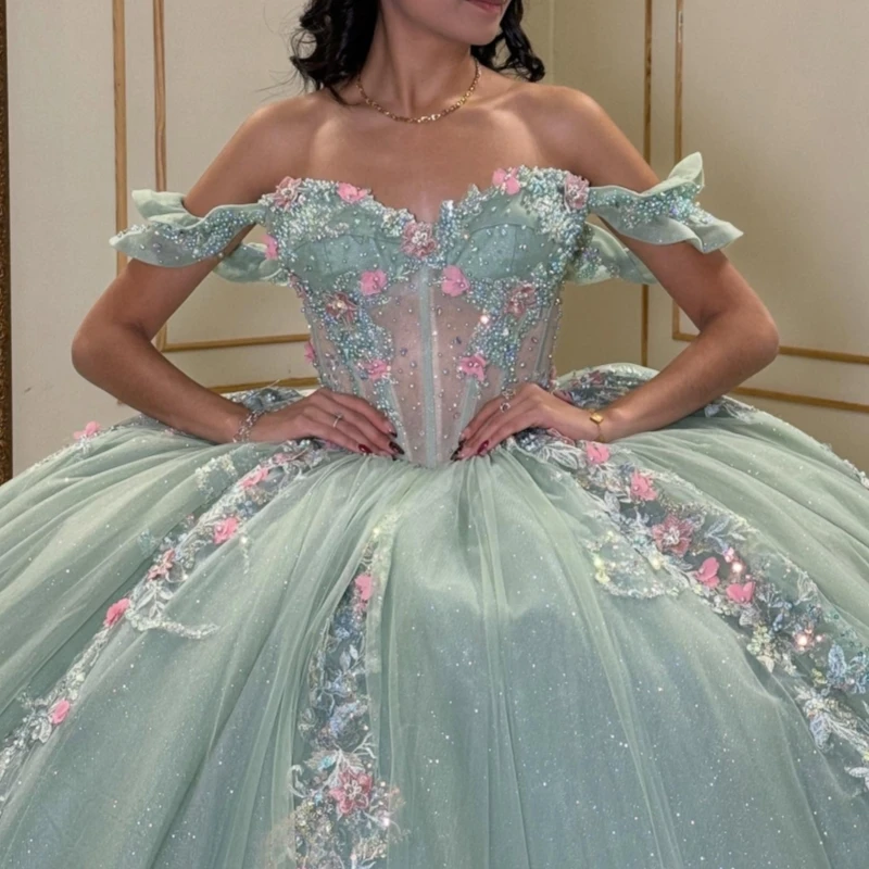 Mint Green Quinceanera Dresses Off The Shoulder Applique Lace Beading Tull Party Birthday Sweet 16 Dress Vestidos 15 De