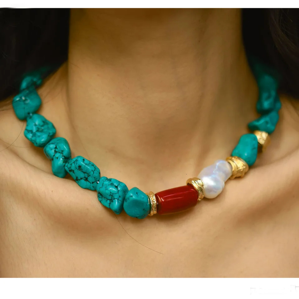 Irregular Natural Blue Turquoise Necklace for Her Bohemian Handmade Jewelry Short Necklace for Gift 251013