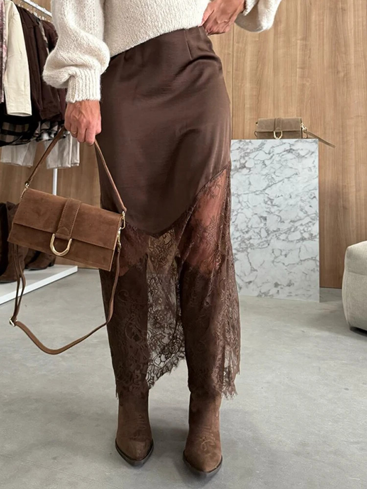 Women Elegant Patchwork Lace Skirts Fashion High Waist Slim Hollow Out Maxi Autumn Lady Brown Party Club Skirt 251027
