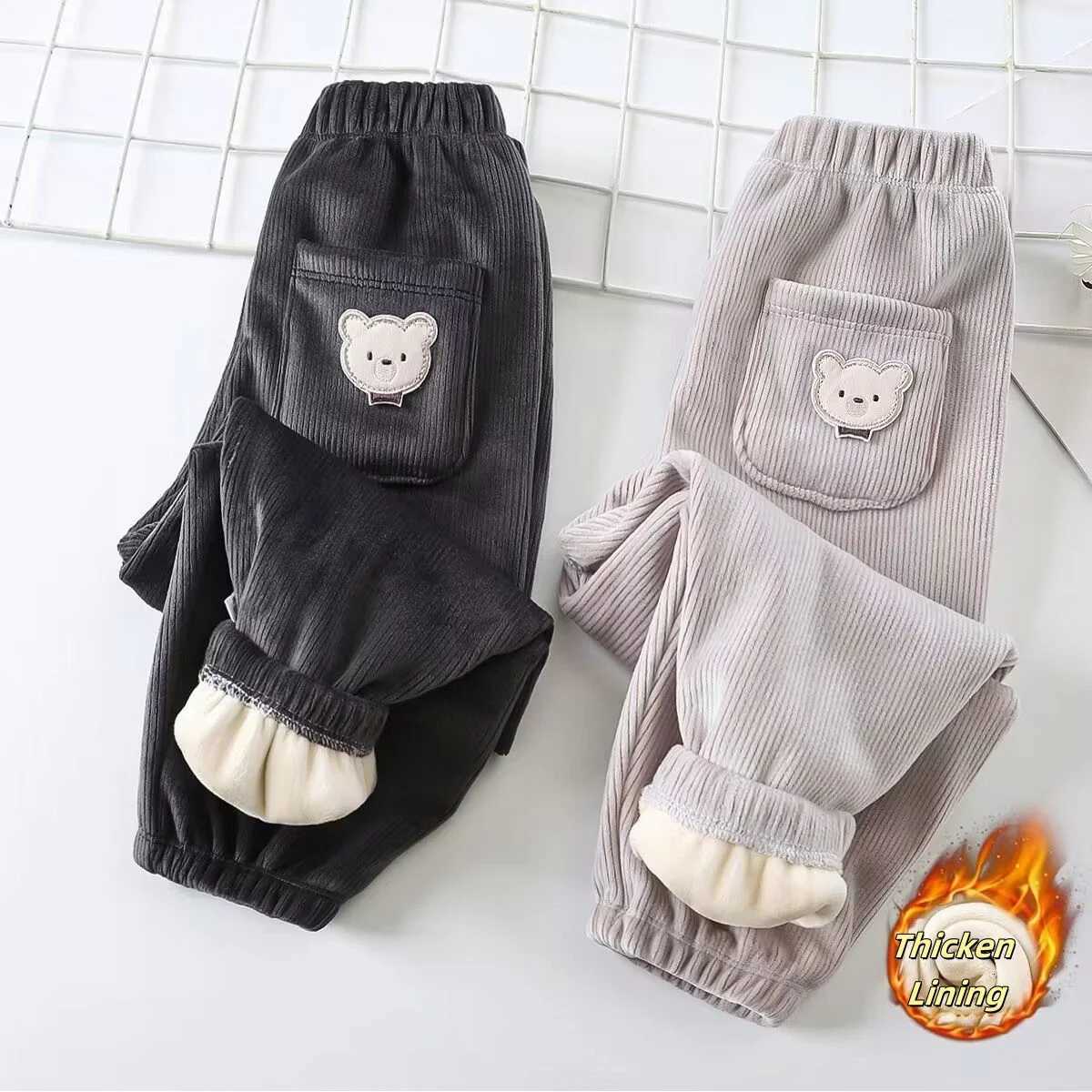 Winter Childrens Pants Thickened Fleece Lined Corduroy Trousers Cartoon Bear Embroidery Loose Fit Warm 17Y kidsPantsT251027