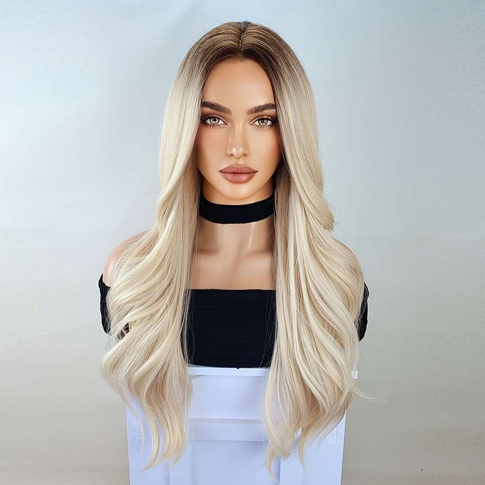 Luxurious Blonde Ombre Curly Wave Wig For Women, High-Density Fiber, Middle Part, Rose Net Cap, Versatile Styling Options
