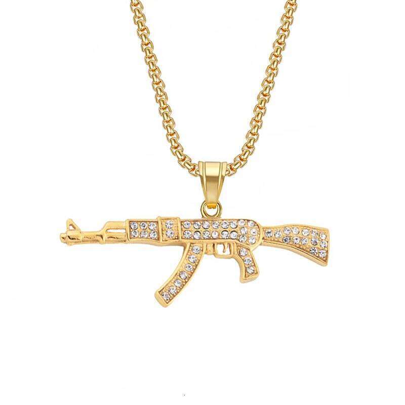 Hip Hop Iced Out Bling AK47 Gun Pendant With Chain Gold Color Stainless Steel Military Necklace For Men Women Jewelry Gift