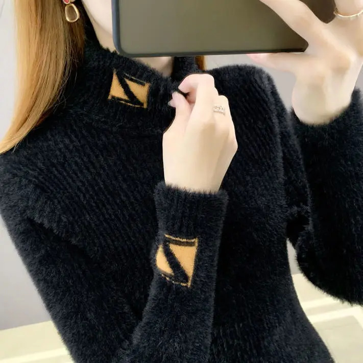 High Collar Pullover Sweater Women Mink Letter Jacquard Underlay Solid Western Knit Undercoat Autumn Winter Pullover Sweater 251027