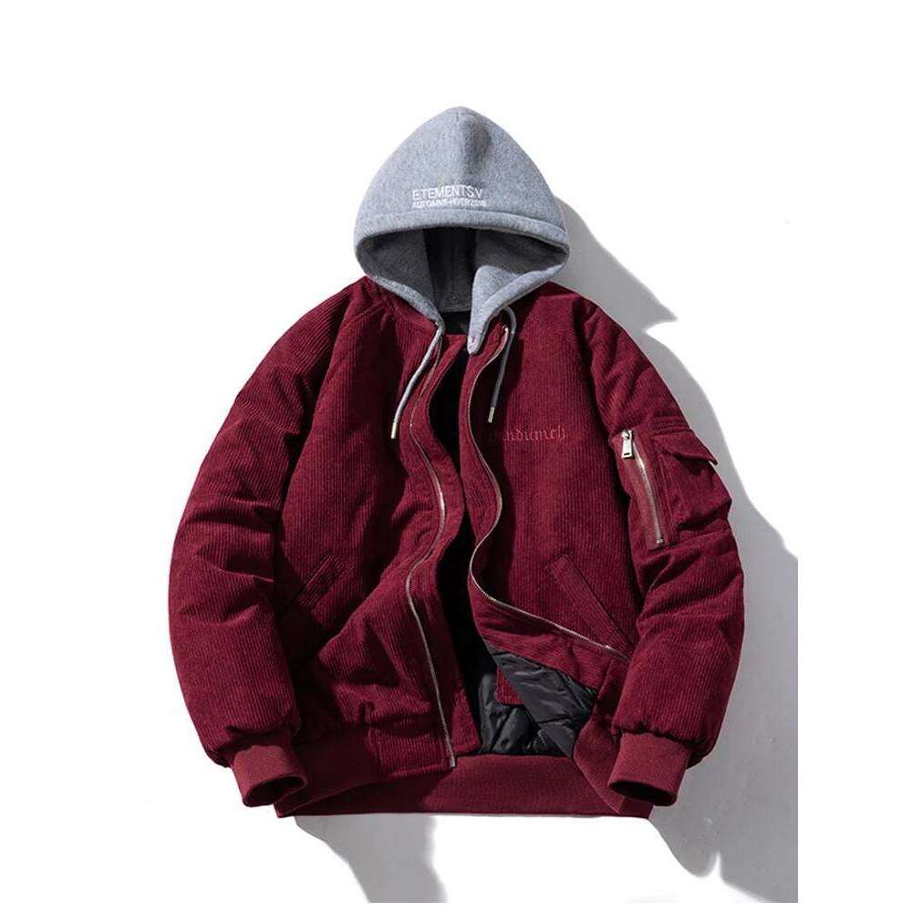 Fashion Bomber Man Vintage Letter Embroidery Pilot Jacket Women Solid Cotton Corduroy Autumn Winter Coat Hooded Designer