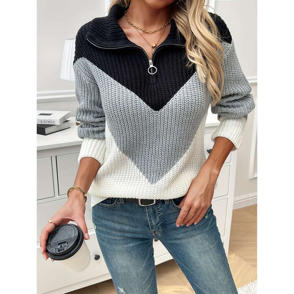 Color Block Quarter Zip Sweater, Casual Long Sleeve Sweater For Fall & Winter, Women's Clothing