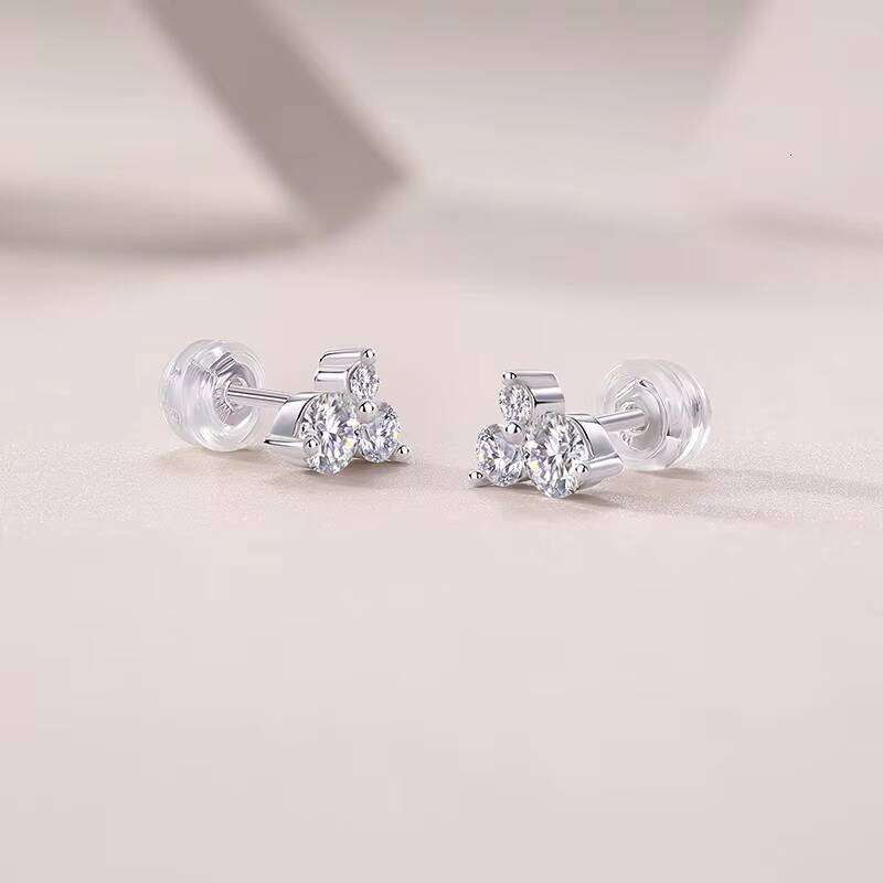 Women 925 Sterling Silver Jewelry ThreeStone Round Brilliant Cut Moissanite Diamond Stud Earrings