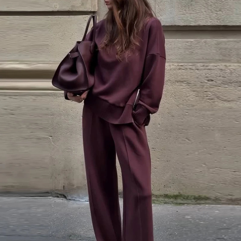 Vintage Autumn Winter Clothing Warm Sweater Solid Wide Leg Trousers Lazy Two Piece Women Suit Casual Knitted Long Pant Sets 251027
