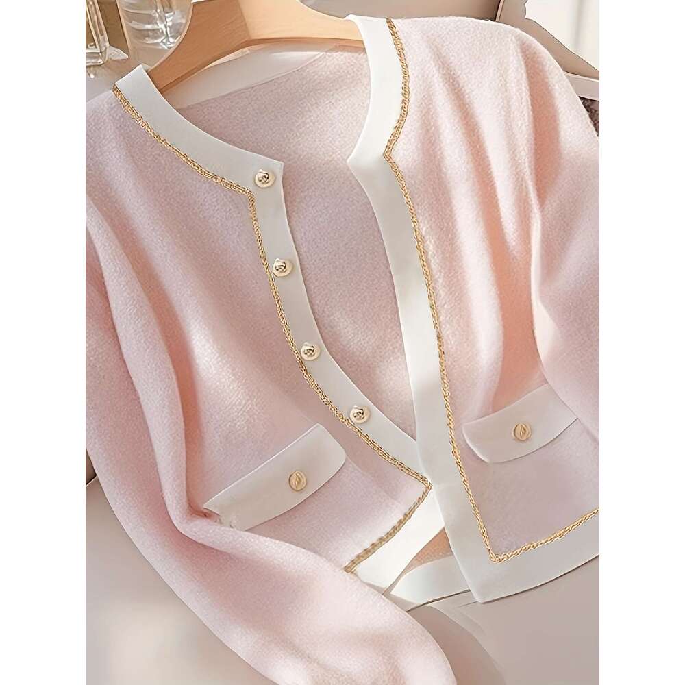Women's Cardigan Pink Small Wind Round Neck Color-Block Cardigan Women's Fashion Versatile Autumn Top Jacket