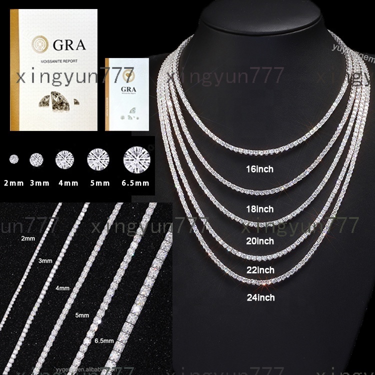 Ready to Ship 2mm5mm Pass Diamond Test S925 Sterling Silver Women Men HipHop Diamond Necklace GRA Moissanite Tennis Chain