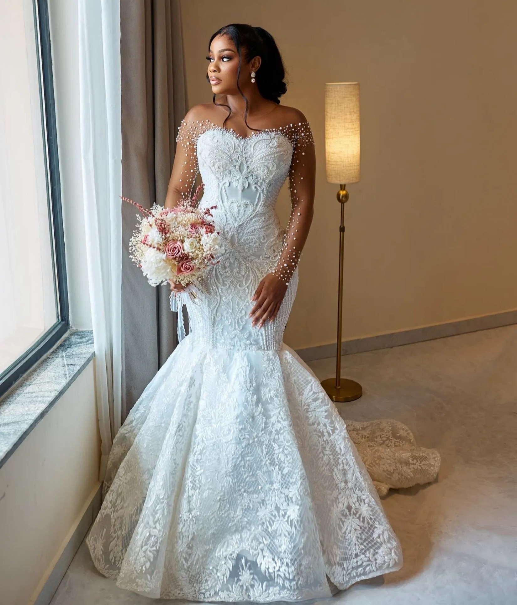 Aso Ebi Off White Mermaid Wedding Dress Sheer Neck Full Sleeves Beaded Pearls Vintage Elegant