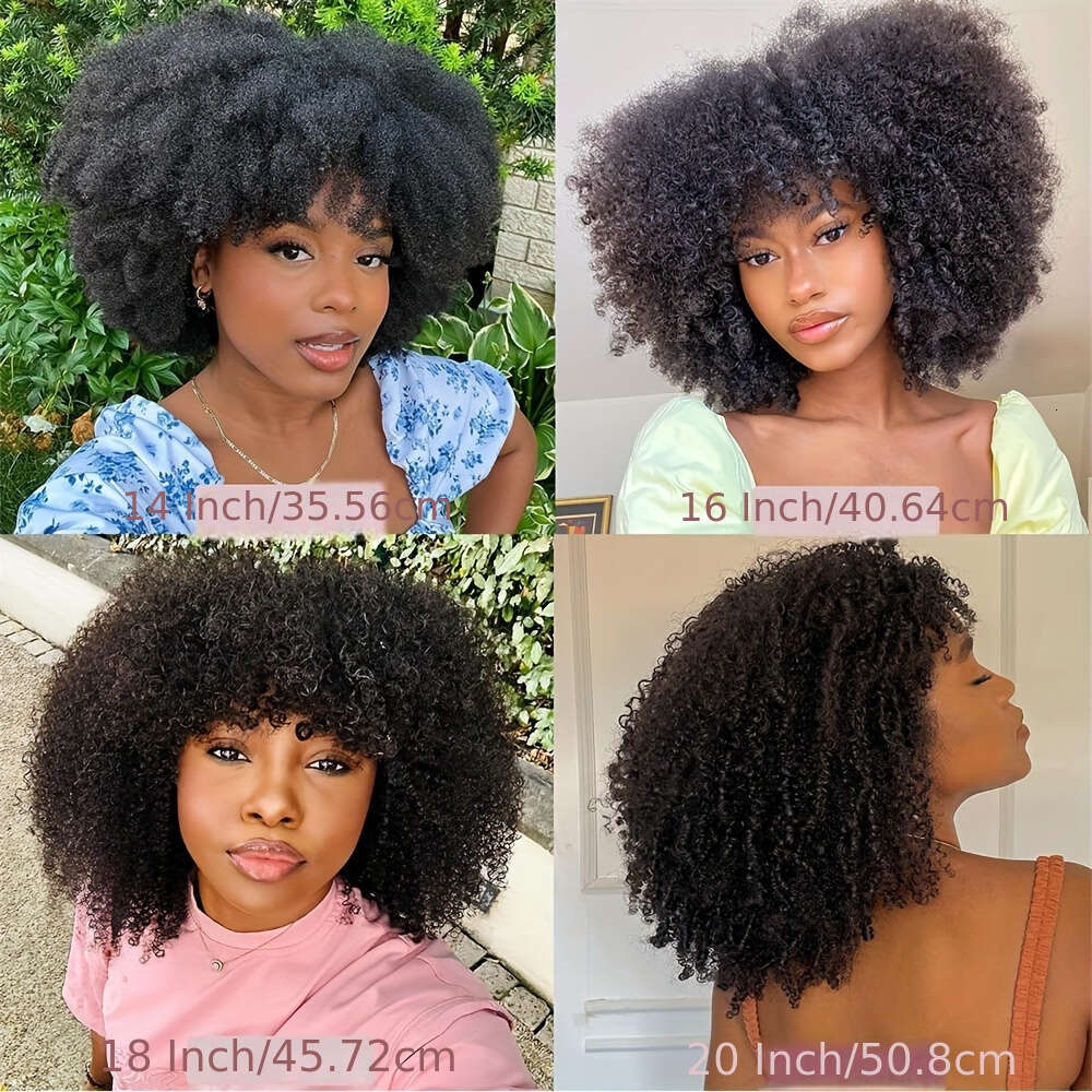180% Density Brazilian Virgin Human Afro Kinky Curly Wig With Bangs - Hine-Made Scalp Top, 14-20 Inch Lengths, Natural Black For & All Ethnicities, El