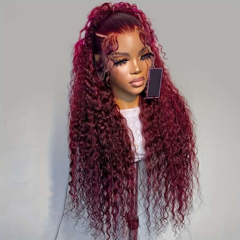 99J# Front 99J Hd Human Hair Wine Red Colored Wave Wig Women 99J Deep 13X4 Lace Frontal Wigs Work, Parties, Vacations, Daily Life For School Start