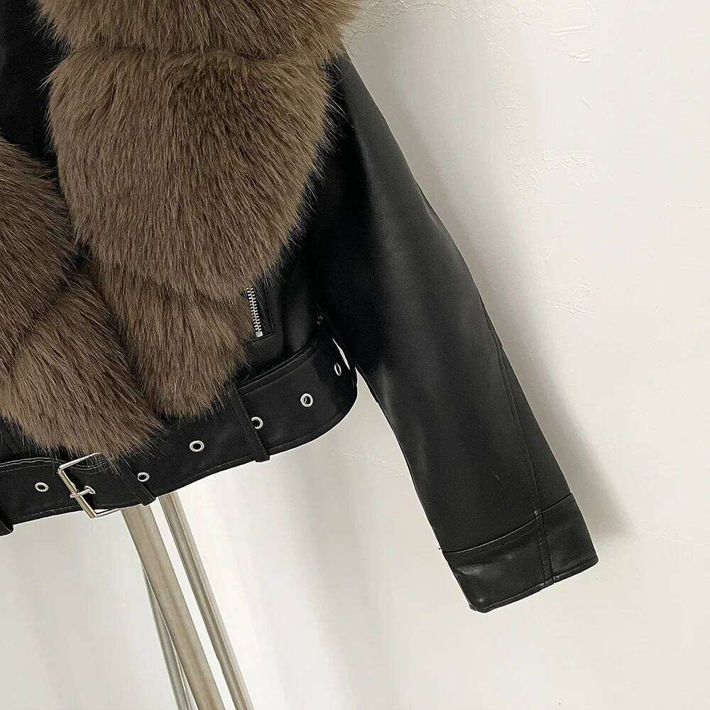 Coat Eco-Friendly Long Sleeve Autumn Faux Leather Short Clothing Female Spring New PU Fur Jacket Artificial Pockets