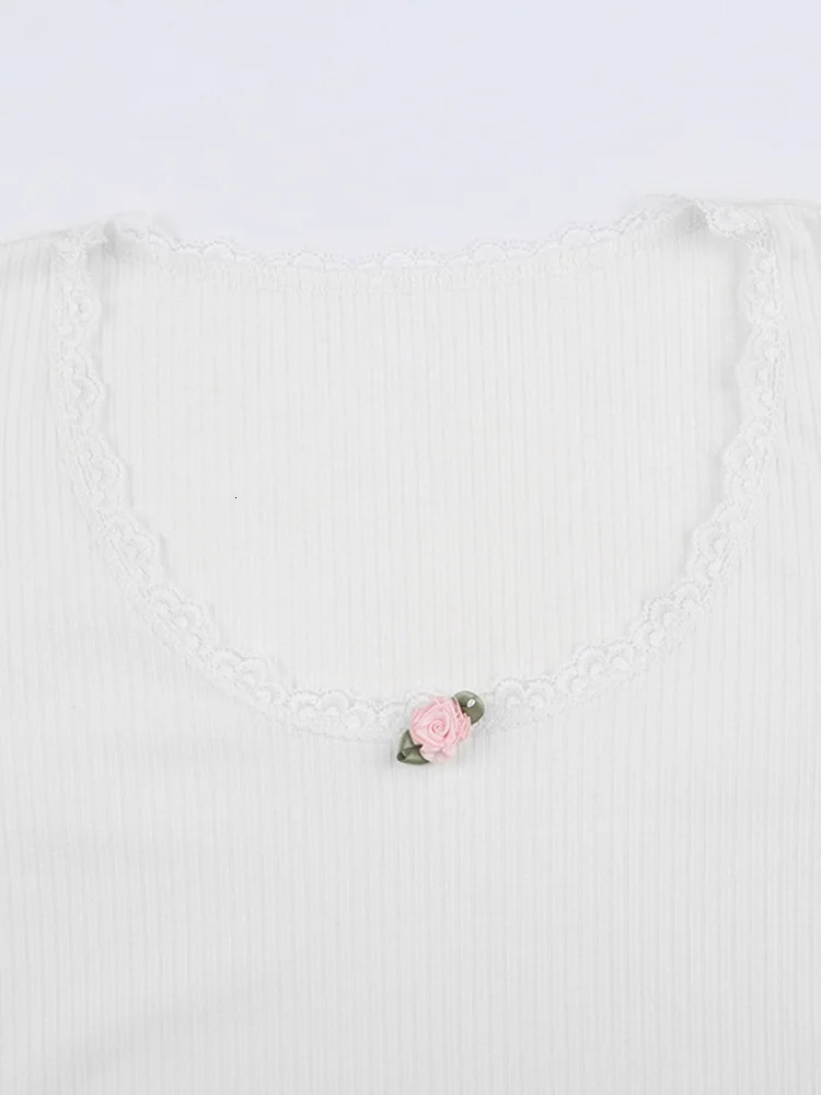 Y2k Floral Lace Trim Crop Top White Knitted Slim O Neck Basic Casual T Shirt Women Chic Vintage Full Sleeve Harajuku Tee Autumn 251027