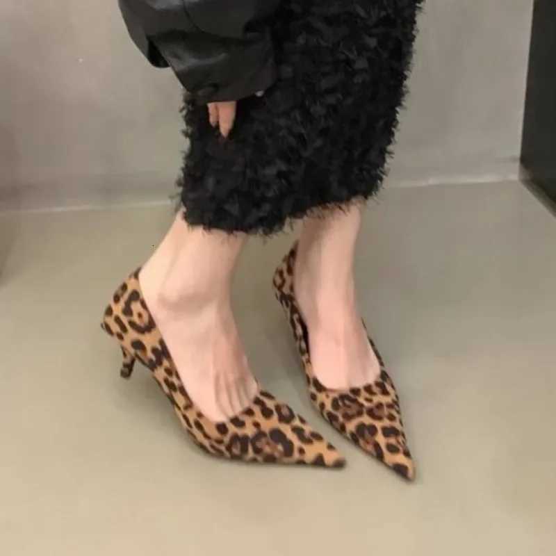 Womens Pumps Leopard Boat Shoes Pointed Toe Slip Dress Shoes Black Faux Suede Mid Heels Stilettos Female Spring Autumn 1716CXJ251027