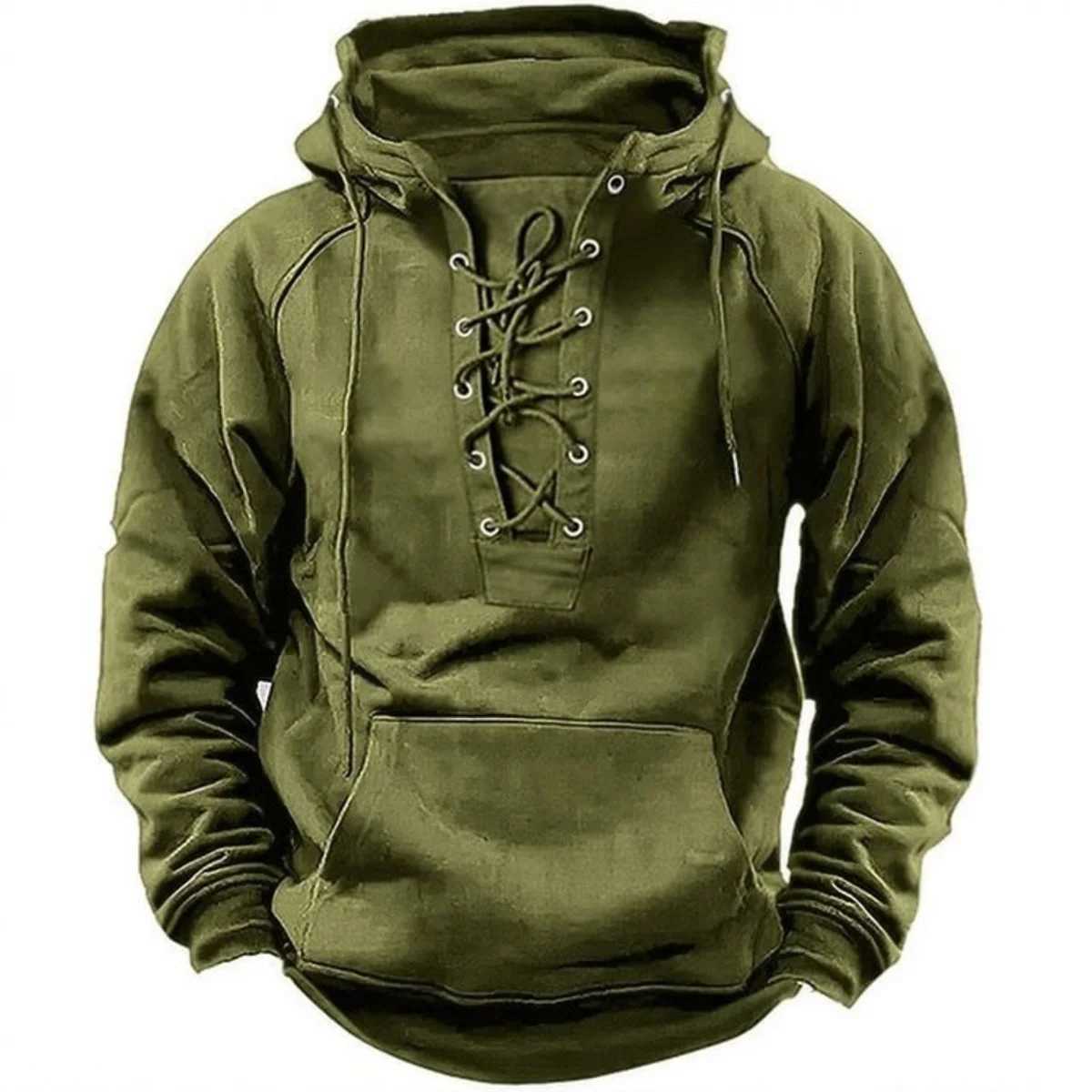 2025 Mens Autumn Winter Outdoor Casual Jacket Retro LaceUp Loose Fit Pure Color Long Sleeve Hooded Sweatshirt W251027