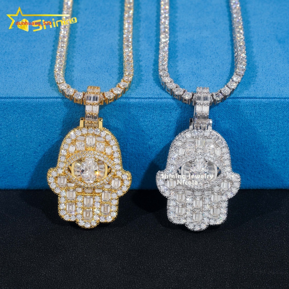 Fully Iced Out Luxury Bling Hip Hop VVS Moissanite Diamond Hamsa Hand 925 Silver Pendant