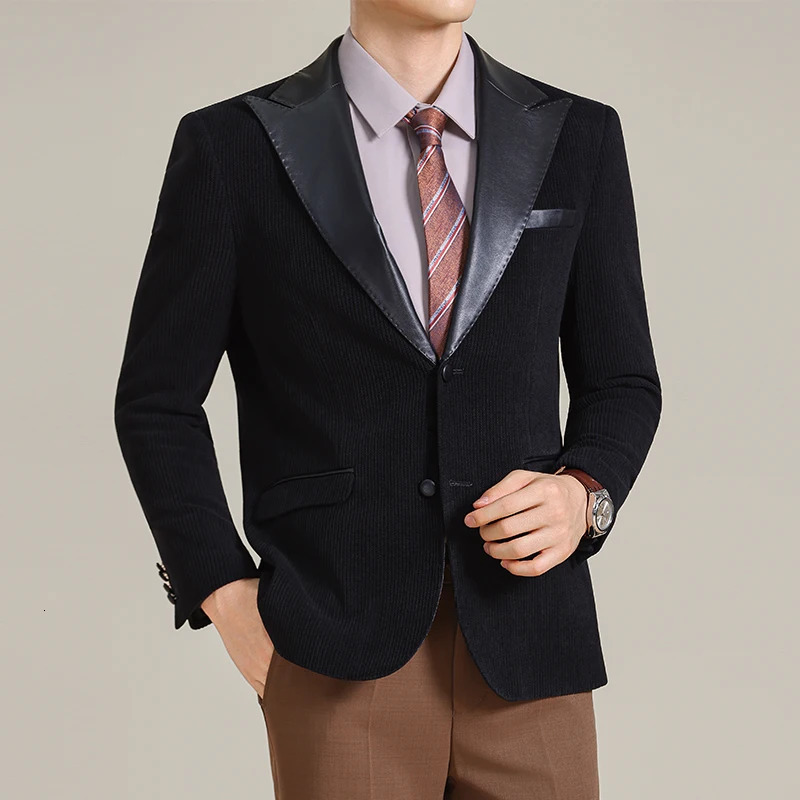 Autumn Winter Chenille Velvet PU Splicing Casual Suit Jacket Men Business Formal Suit Coat Banquet Party Wedding Blazers M5XL 251023
