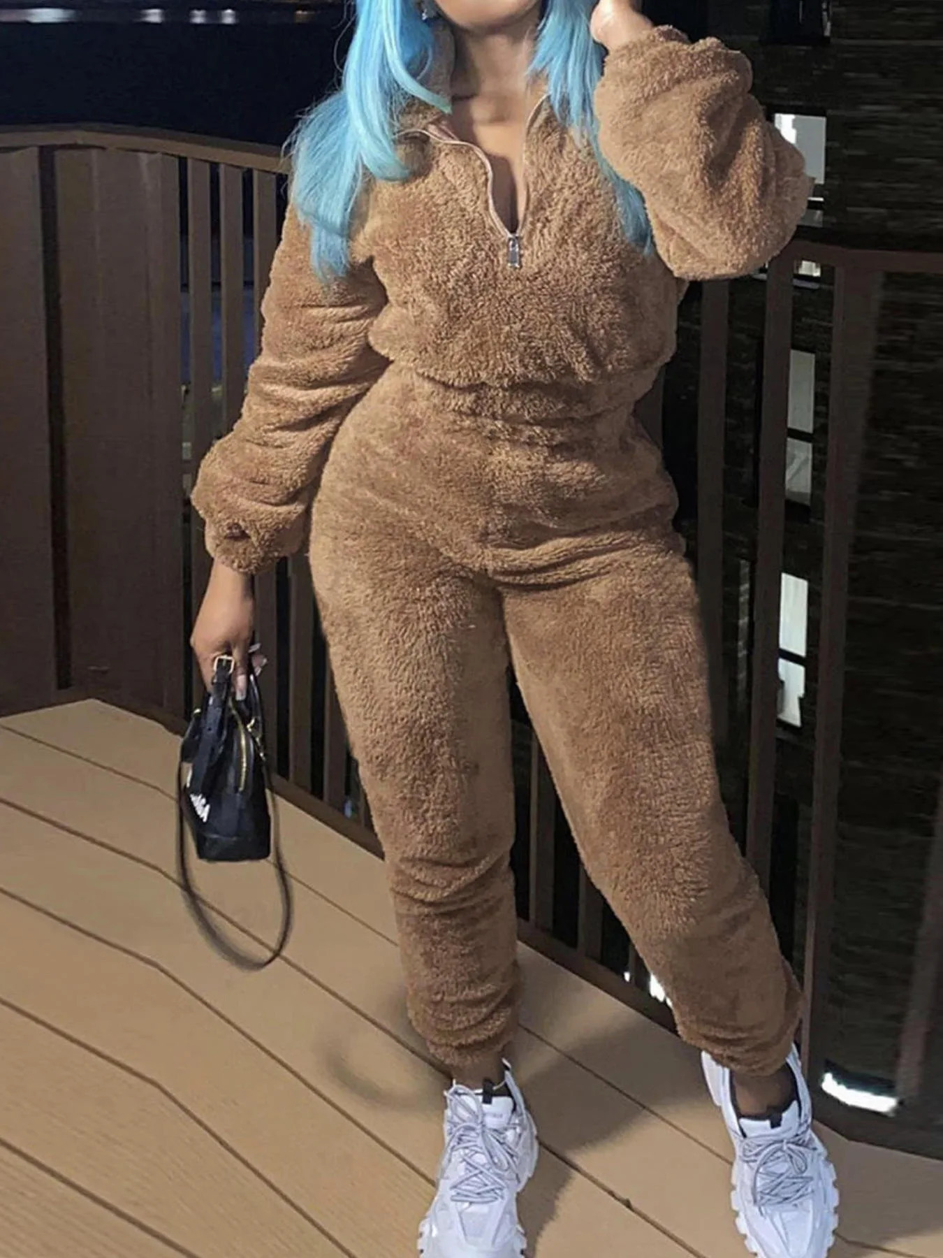 Winter Plush Two Piece Set Casual Home Warm Suit For Women Fashion Zipper Lapel Pullover Top Elastic Waist Trousers 251027