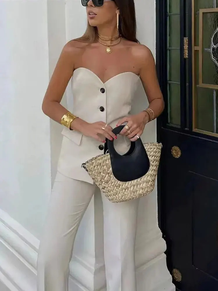 HH Women Elegant Solid Pant Suit Front Button Strapless Sexy Tank Tops Side Slit Trouser Female Fashion Streetwear Sets 251013