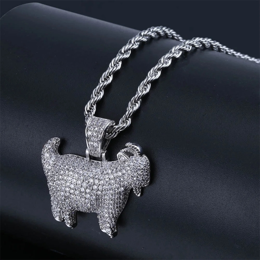 Fashion HipHop Animal Goat Pendant Necklace For Men Cuban Chain Iced Out Bling Micro Paved CZ Necklaces Punk Rock Biker Jewelry 251024
