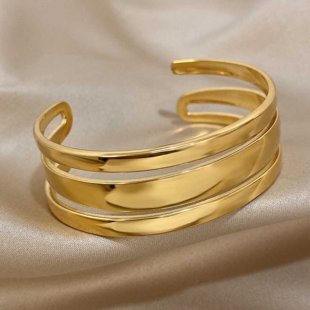 Simp Stainss Steel Gold Plated Chunky Cuff Bracet for Wen Waterproof Jewelry Exaggerated Glossy Smooth Wristband BangsW251027