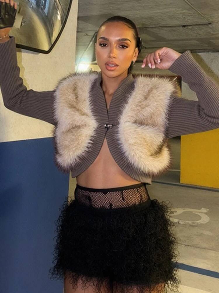 winter jacket women Nibber Patchwork Fluffy Crop Tops Women Single Buckle Sexy Streetwear Fall Fashion Skinny Casual Elegant Cardigan Coat