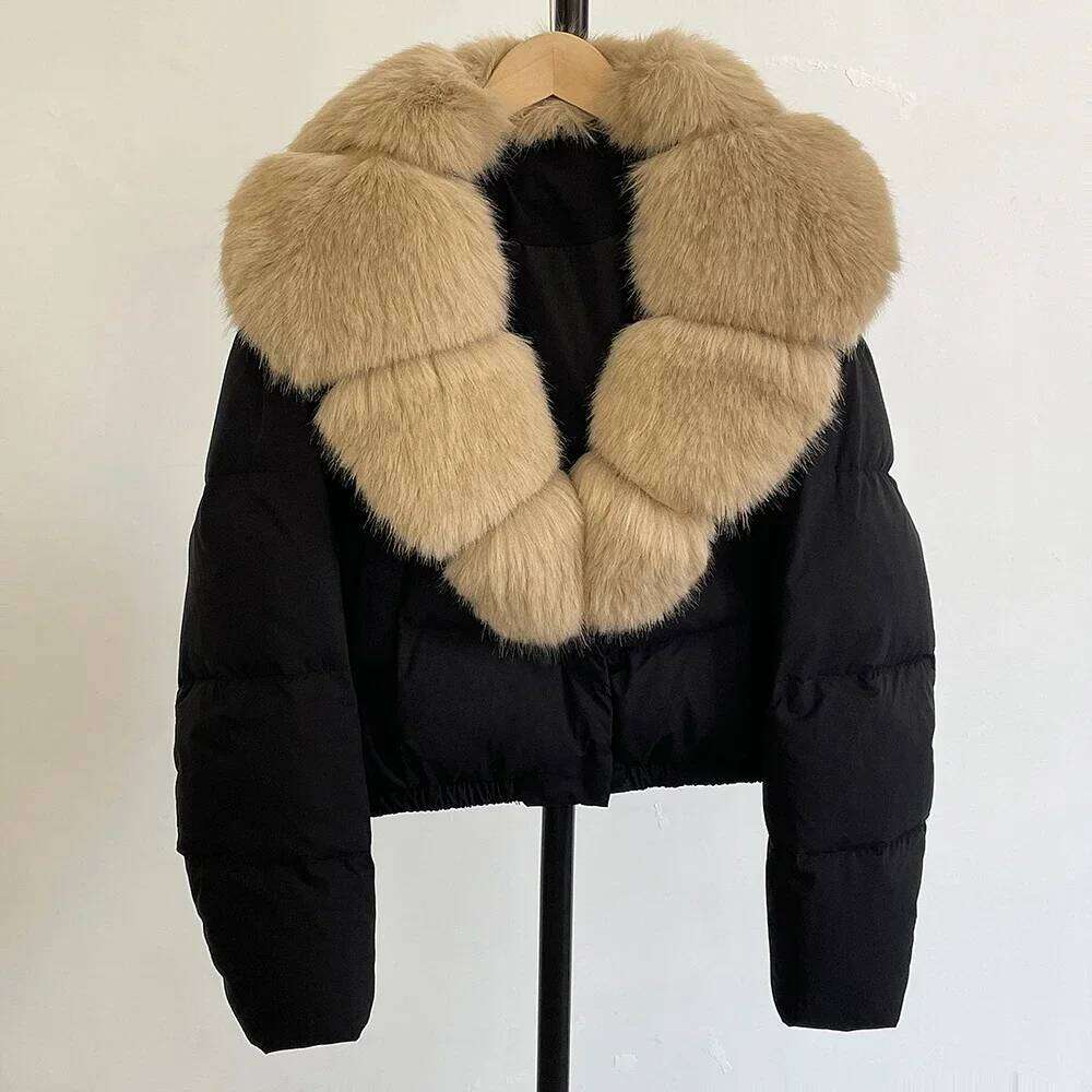 Coat Eco-Friendly Winter Short White Duck Down Warm Clothing Women Faux Collar Puffer Jacket Fashion Fake Fur