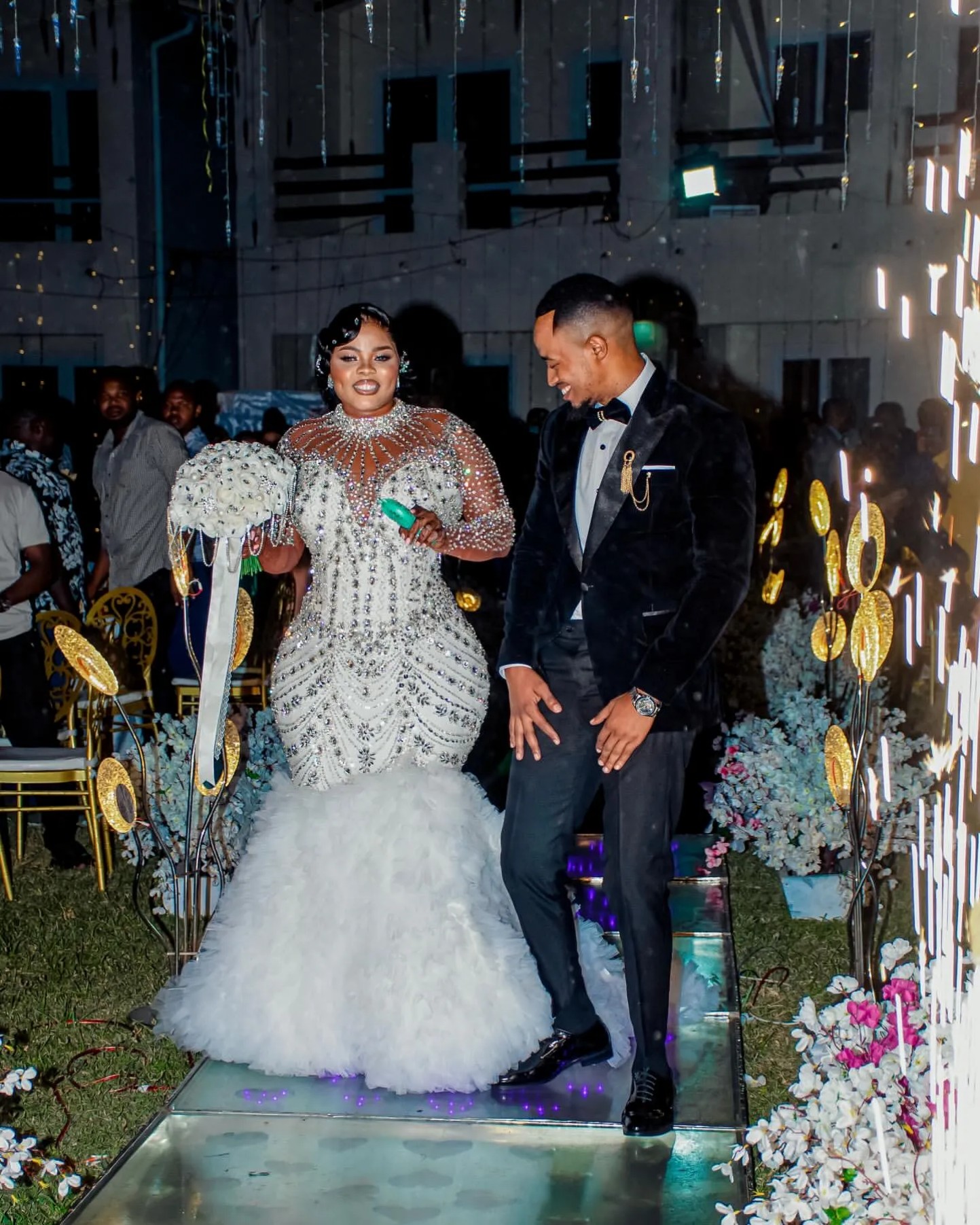 Arabic Aso Ebi Plus Size Mermaid Wedding Dress in Ivory with Luxurious Beaded Crystals Full Sleeves and Tulle Tiers