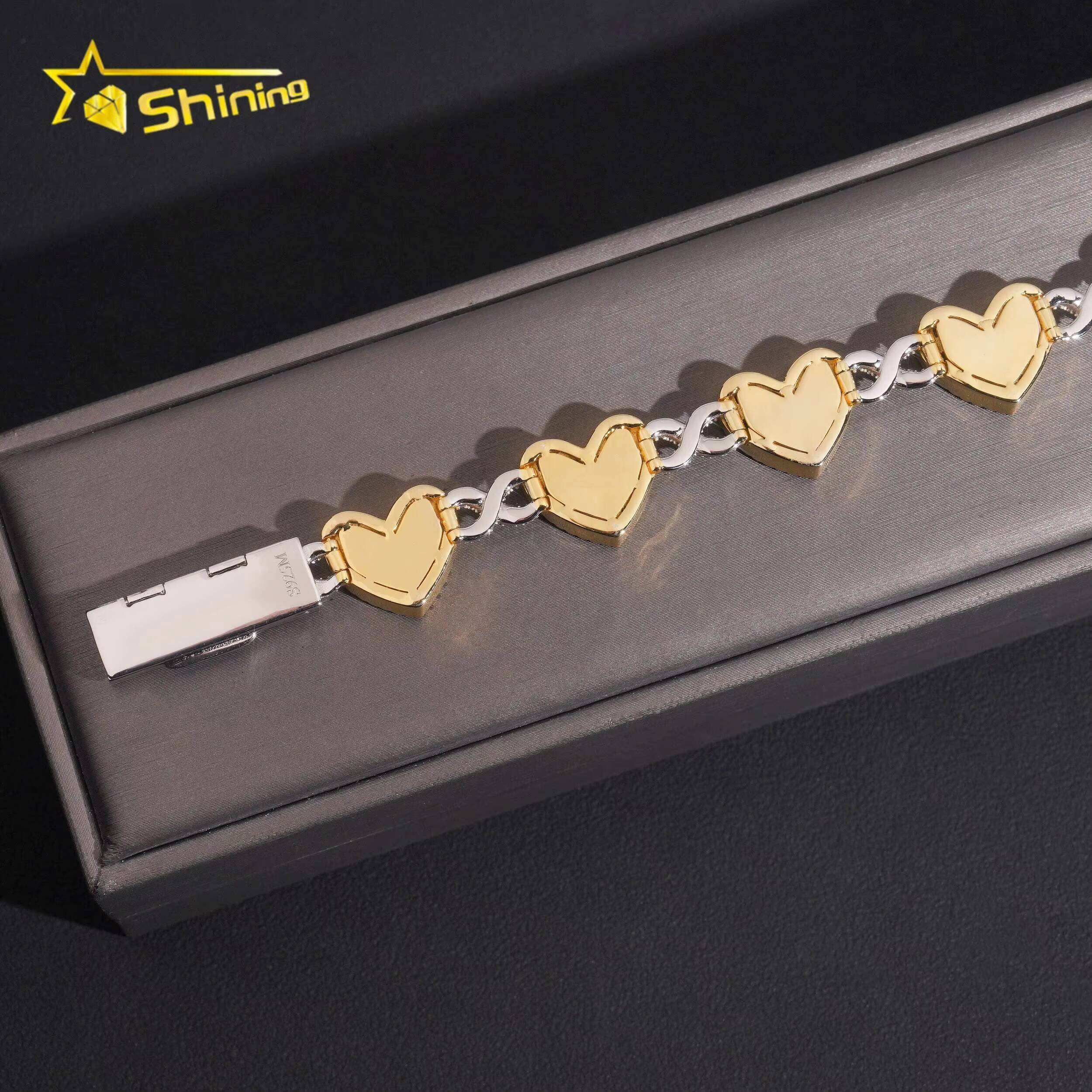 Bling Jewelry 925 Silver Hip Hop Two Tone 14mm Heart Iced Out GRA Certified Moissanite Bracelet
