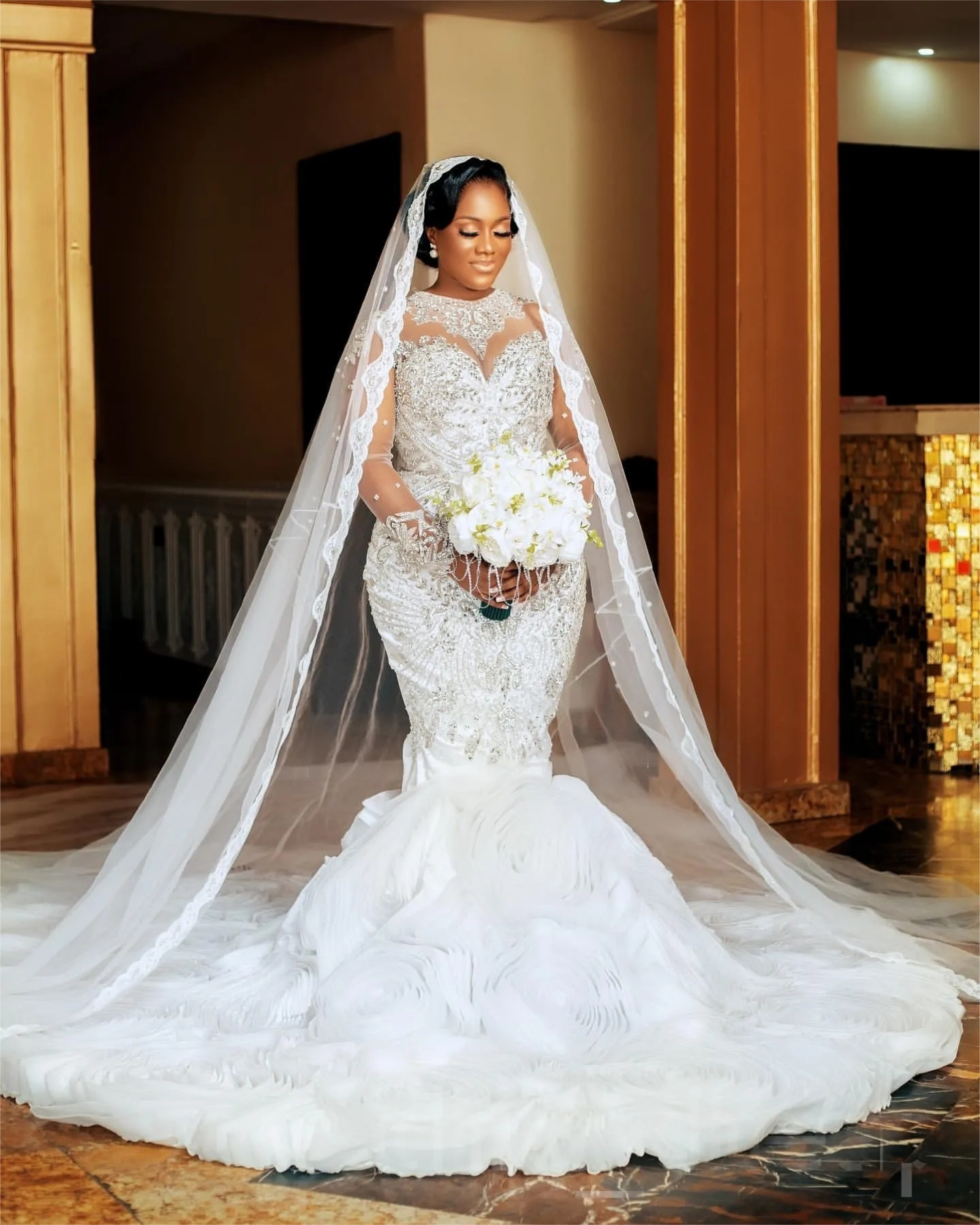 Arabic Aso Ebi Plus Size Mermaid Wedding Dress in Ivory with Lace Beaded Crystals and Luxurious Tiers