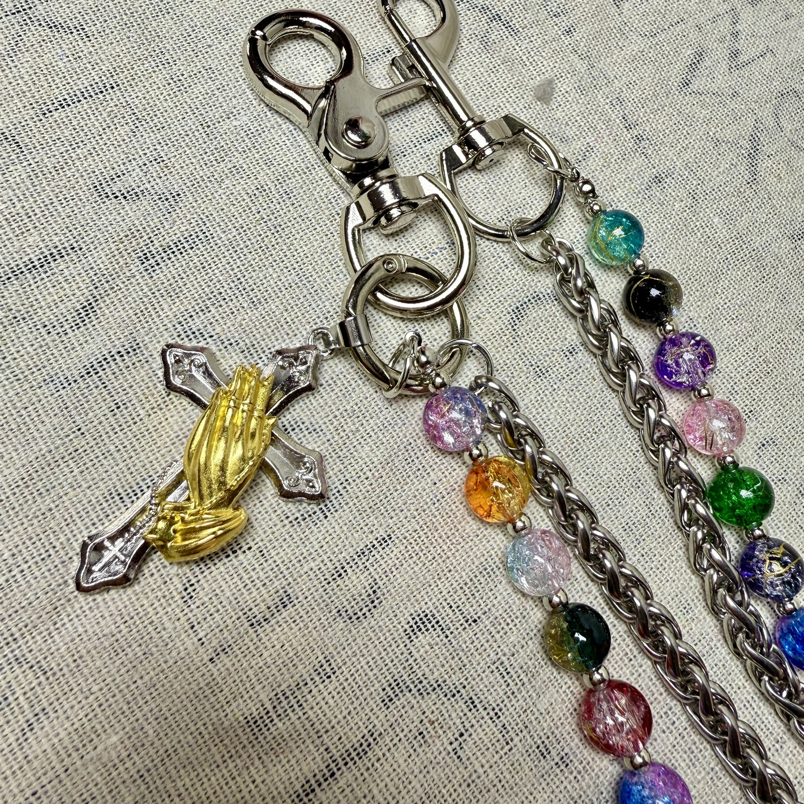 Original handmade punk style neutral denim pants chain colorful round bead fashion bag pendant 251024