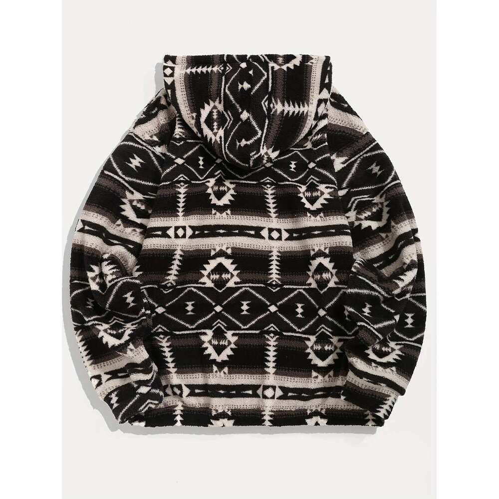 Ethnic Style Geometric Pattern, Men's Loose Polar Fleece Hoodie For Winter & Fall, Hooded Sweatshirt With Drawstring And Kangaroo Pocket