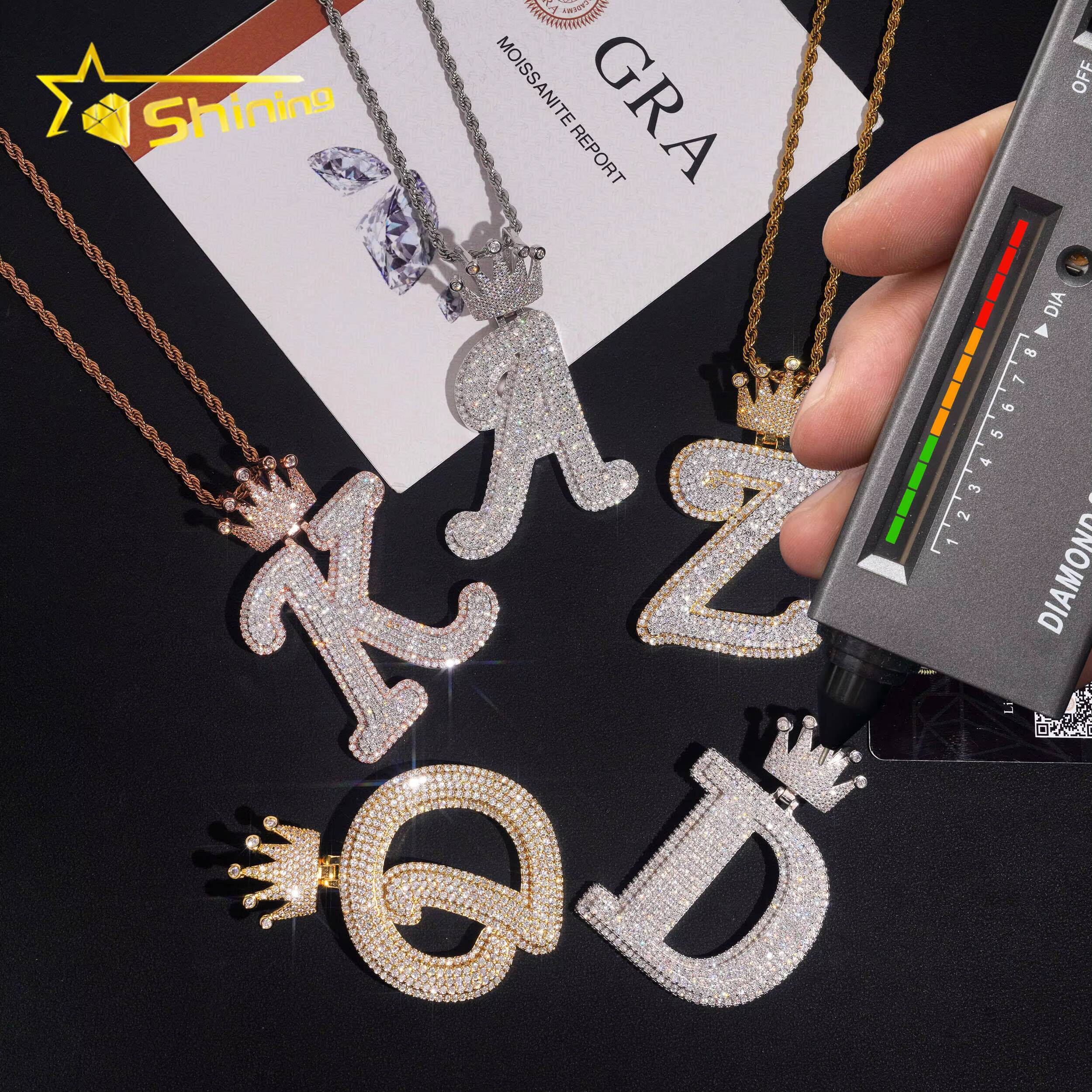 New Arrival Fashion Hip Hop Jewelry 925 Sterling Silver VVS Moissanite Iced Out Initial Letter Pendant Necklace