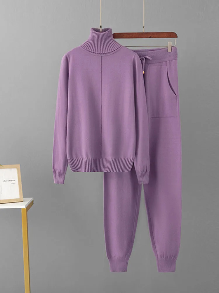 Candy Color Knitted 2 Piece Sets Women Turtleneck Knitwears Sweater Pullover Tops Conjuntos High Waist Casual Harem Pants Outfit 251013